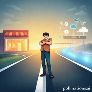 An illustration of a person confidently standing at the crossroads of two paths. One path is a traditional brick-and-mortar storefront fading into the background, and the other is a vibrant, illuminated digital highway with icons of e-commerce, social media, data analytics, and cloud computing. The person looks determined, choosing the digital path, symbolizing the shift to 