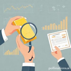 An illustration of a person holding a golden bar with a magnifying glass examining it, while another hand holds a certificate. The background shows charts and graphs related to gold prices, indicating a clear, transparent process of buying back gold.