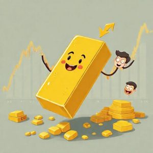 An illustration of a gold bar falling slightly with a downward arrow, but smiling, surrounded by smart investors happily buying more gold. The background is a chart showing a dip in gold price.