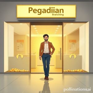 An illustration of a person confidently walking into a modern Pegadaian branch, with a golden glow around them, symbolizing financial empowerment and easy access to gold investment. The branch looks clean and welcoming.