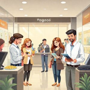 An illustration of a modern, clean Pegadaian branch office interior with friendly staff assisting diverse customers, some holding gold jewelry, others looking at electronic items. The atmosphere is welcoming and professional.