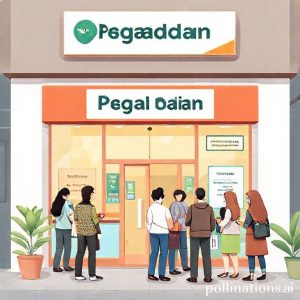 An illustration of a friendly Pegadaian branch office with people queuing for services and a clear sign for 