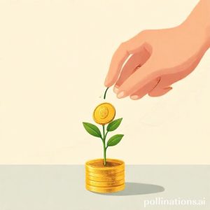 An illustration of a person watering a small golden plant growing from a coin, symbolizing growth and disciplined saving through gold installment. The background shows a gentle upward trend graph.