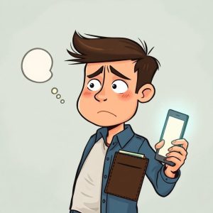 An illustration of a person looking stressed with an empty wallet, while a glowing smartphone appears as a potential solution, hinting at the idea of pawning the phone.