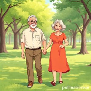 An illustration of a happy elderly couple walking hand-in-hand in a park, enjoying their retirement. The man is wearing a casual shirt and trousers, and the woman is in a bright dress. There are green trees and sunshine in the background, conveying peace and joy.