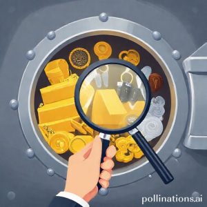 An illustration of various valuable items like gold bars, jewelry, and car keys being safely stored in a vault, representing the security and trustworthiness of Pegadaian. A hand holding a magnifying glass is examining the items, symbolizing scrutiny and careful consideration before making a loan decision.