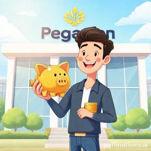 An illustration of a person holding a golden piggy bank and a stack of coins, standing in front of a modern Pegadaian building with its distinctive logo. The overall atmosphere is bright and optimistic, conveying financial security and accessibility.