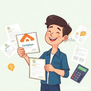 An illustration of a person holding a house certificate, looking relieved, with the Pegadaian logo subtly in the background, surrounded by various documents and a calculator, in a bright, modern style.
