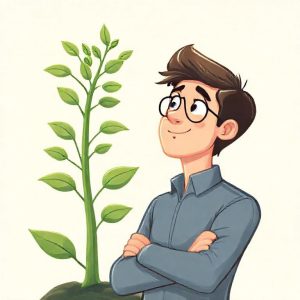 An illustration of a person confidently looking at a growing money tree, symbolizing long-term investment and financial growth, with a calm and secure expression.