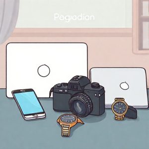 An illustration of various valuable items like a smartphone, laptop, DSLR camera, and a luxury watch neatly arranged on a table, with a Pegadaian logo subtly in the background, suggesting they can be used as collateral. The style should be modern and friendly.