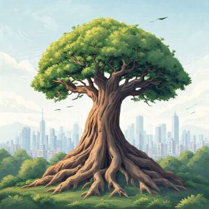 An illustration of a sturdy, large tree with deep roots standing firm against strong winds, symbolizing the stability and resilience of blue-chip stocks in a volatile market. In the background, a calm and prosperous cityscape.