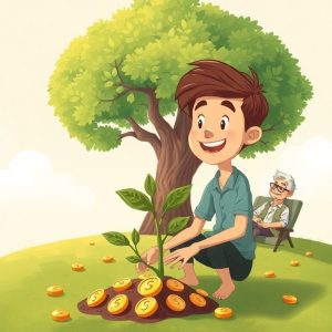 An illustration of a young person planting a small money tree, which is already starting to sprout coins. In the background, an older, happy person is relaxing under a huge, flourishing money tree, symbolizing early investment for a comfortable retirement. The style is warm and optimistic.