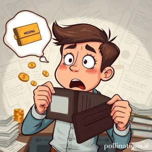 An illustration of a person looking panicked, holding an empty wallet, with thought bubbles showing a missing gold passbook and gold coins floating away. The background is a messy desk with papers.