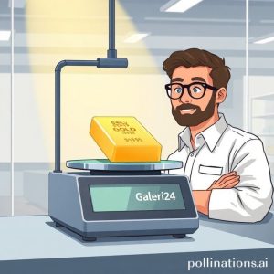 An illustration of a gold bar being weighed on a digital scale in a modern, well-lit environment, representing Galeri24. A customer is observing the process with a secure and trusting expression.