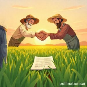 An illustration of two farmers shaking hands over a written document in a rice field, symbolizing a formal agreement or contract. The sun is setting, casting warm light on the scene.