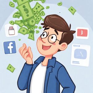 An illustration of a person looking at a Facebook interface with money flowing out of it, symbolizing earning money. The person looks happy and surprised. The background should show various Facebook features like a shop icon, video play button, and ad symbol. Style should be modern and friendly.
