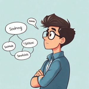 An illustration of a determined young entrepreneur looking at a flowchart of different funding options for their startup, with thought bubbles showing ideas like 'savings', 'loan', 'investor', 'crowdfunding'. The style is modern and optimistic.