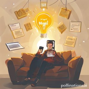 An illustration of a person sitting comfortably on a couch, holding a smartphone, with a bright lightbulb icon above their head symbolizing a sudden idea or solution. The smartphone screen shows the Tring by Pegadaian app interface with a