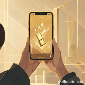 An illustration of a person holding a smartphone with the Tring by Pegadaian app open, showing a gold bar icon and rising graph. The background is a minimalist, modern room with a subtle golden glow.