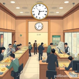 An illustration of a bustling Pegadaian office interior with customers at various counters, some looking at gold, others consulting with staff. A large clock on the wall shows 2:30 PM. The atmosphere is professional but busy.