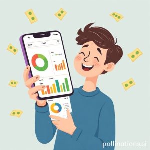 An illustration of a person happily managing a budget with a smartphone app, showing pie charts and graphs, with money symbols floating around. The person looks confident and in control.