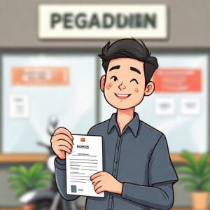 An illustration of a person holding a motorcycle BPKB document with a blurred background of a Pegadaian office. The person looks relieved and confident.