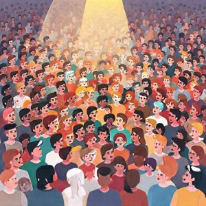 An illustration showing a large, diverse crowd being divided into smaller, distinct groups based on different characteristics (age, location, interests). A spotlight shines on one specific group. The style should be modern, friendly, and vibrant.