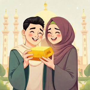 An illustration showing a Muslim couple happily looking at a gold bar, with Islamic architectural elements in the background, symbolizing financial security and blessing. The couple is dressed modestly.