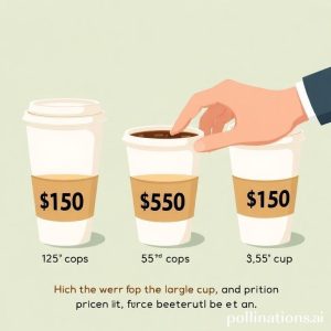 An illustration showing three different sized coffee cups with price tags, where the medium cup is intentionally priced to make the large cup seem like a much better deal. A customer hand is reaching for the large cup.