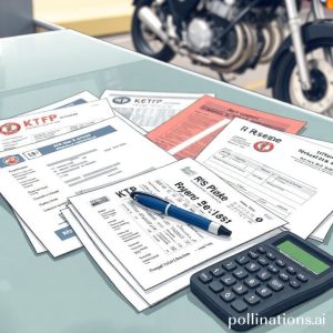An illustration showing various documents like KTP, STNK, BPKB, and a receipt with a pen on top, organized neatly on a table, with a calculator nearby. A subtle image of a motorcycle in the background.
