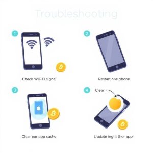 An illustration showing a series of simple troubleshooting steps for a smartphone, including checking Wi-Fi signal, restarting the phone, clearing app cache, and updating the app, with gold coins subtly integrated into the design.
