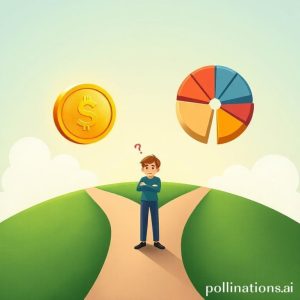 An illustration showing two paths diverging, one leading to a shimmering gold coin and the other to a stylized pie chart representing mutual funds, with a confused but hopeful person standing at the crossroads.