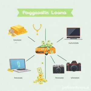 An infographic showing different types of collateral for Pegadaian loans (gold bars, jewelry, car BPKB, laptop, camera) with money flowing out, representing the loan amount. Clean, illustrative style.