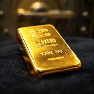 An intricate, detailed close-up of a standard 400 troy ounce gold bar, clearly showing the LBMA refinery hallmark, purity (999.9), and serial number. The bar rests on a dark, luxurious surface, with a slight blur in the background suggesting a secure vault. The lighting should highlight the gold's luster.