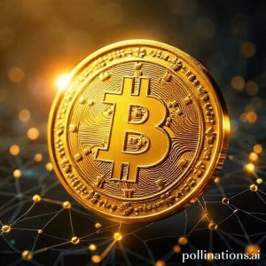 An intricate digital gold coin with a blockchain network overlay, symbolizing the fusion of traditional gold and modern technology, glowing with an optimistic light.