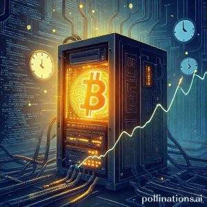 An intricate digital illustration showing a bitcoin mining rig glowing with energy, surrounded by lines of code and a subtle graphic of a price chart rising upwards. A clock in the background signifies the passage of time towards a halving event.