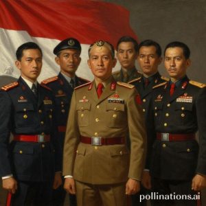 An oil painting depicting the seven Pahlawan Revolusi in their military uniforms, looking determined and solemn, with a subtle Indonesian flag in the background. The style is classical and respectful.