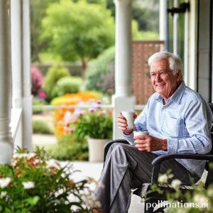 An older couple sitting on a porch with coffee, looking happy and relaxed, with a beautiful garden in the background, symbolizing a comfortable retirement.