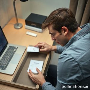 Anxious person looking at an empty drawer, searching for a missing receipt for a laptop. The laptop is visible on a desk nearby. Tone: worried, searching.