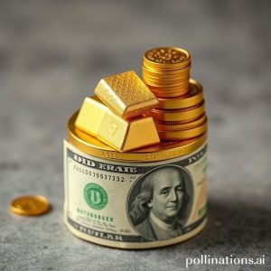 Beberapa koin emas dan batangan emas kecil yang diletakkan di atas tumpukan uang kertas dolar AS, dengan jarum jam yang menunjukkan pergerakan waktu, menggambarkan hubungan antara emas dan mata uang serta konsep waktu dalam investasi.