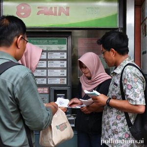 Beberapa orang turis sedang bertransaksi menukar uang di money changer.