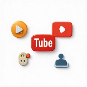 Berbagai ikon mewakili metode monetisasi YouTube: ikon dolar untuk AdSense, ikon keranjang belanja untuk merchandise, ikon brand untuk endorsement, dan ikon link untuk affiliate marketing.