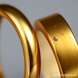 Close-up of two rings, one clearly real gold with a deep, warm luster, and the other a brass imitation with a slightly paler, less consistent yellow, perhaps showing some tarnish on the brass ring.