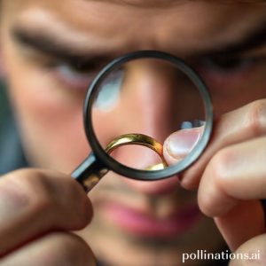 Close-up of a person examining a gold ring with a magnifying glass, looking for a hallmark or stamp. The ring is shiny gold.