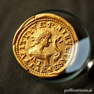 Close-up of an ancient gold coin, possibly Roman or Greek, with intricate details and a visible patina, placed on a velvet cloth with a magnifying glass nearby, evoking history and value.