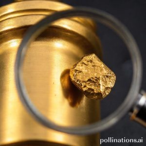 Close-up view of a polished brass object next to a small, glistening gold nugget, emphasizing their visual similarities and subtle differences in texture and color, with a magnifying glass hovering over them.