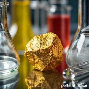 Close-up view of a small, irregular chunk of gold, possibly showing some rough texture, surrounded by scientific laboratory equipment like beakers and test tubes, emphasizing the
