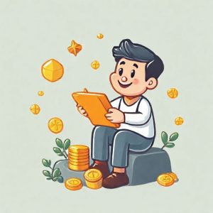 Empat ikon yang mewakili berbagai jenis investasi (saham, properti, emas, reksadana) dalam bentuk kartun yang ramah dan mudah dipahami, dengan panah naik menunjukkan pertumbuhan.