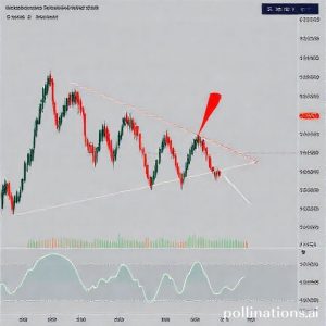 Grafik yang menunjukkan breakout bullish dari falling wedge pattern dengan volume yang meningkat signifikan.