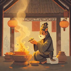 Illustrasi orang sedang menimbang emas batangan di sebuah toko emas tradisional, dengan latar belakang desain modern yang elegan.